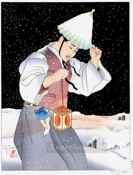Asian Painting - nuit de neige coree 1939 Paul Jacoulet Asian